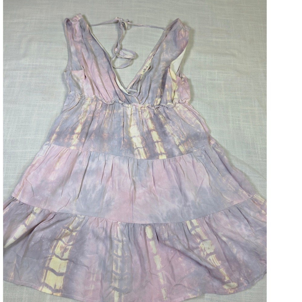 Millibon USA Tie Dye Tiered Mini Dress Pastel Purple Yellow V-Neck Small ID31182
